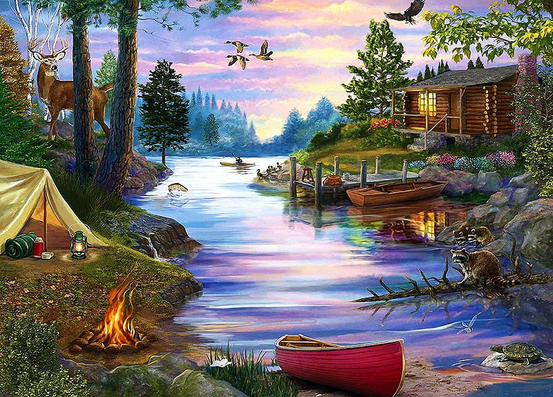 Weekend Retreat, boat, birds, tent, campfire, river, cabin, artwork, deer, painting, HD wallpaper