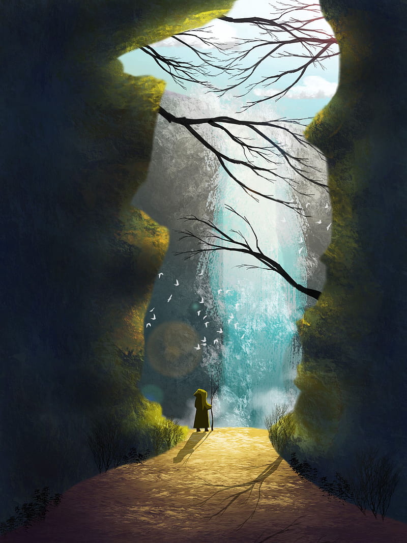 traveler, waterfall, cave, art, HD phone wallpaper