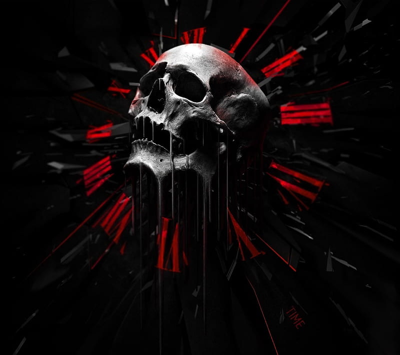 Skull of Time, art, clock, dark, eerie horror, red, symbol, HD wallpaper