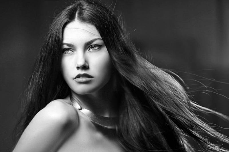 720p Free Download Beauty Gorgeous Face Brunettes Look Black And White Long Hair Hd 