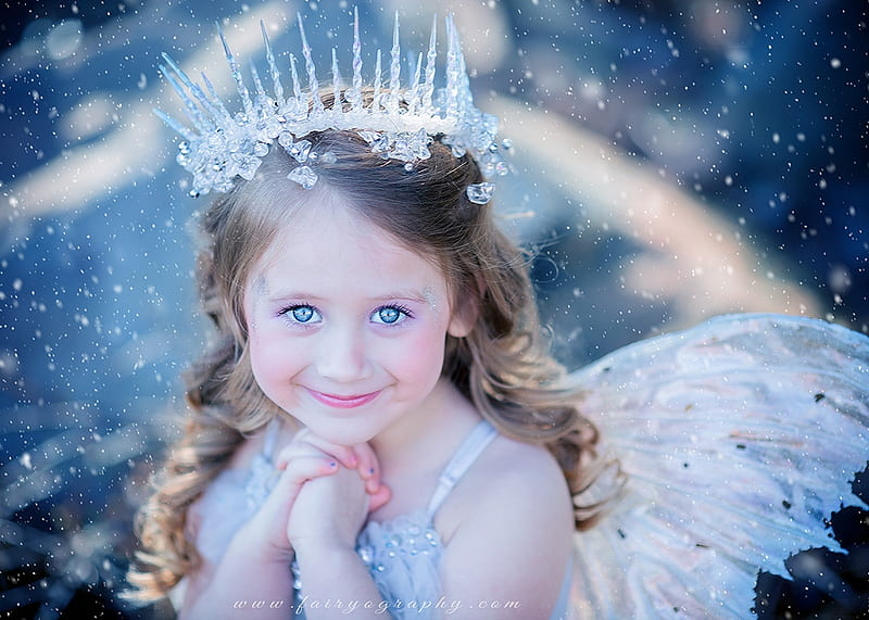 Little winter fairy, wings, winter, cute, girl, fairyography, copil, child, fairy, blue, HD wallpaper