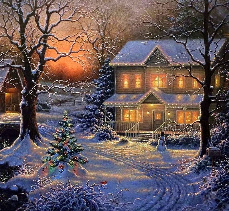 Winter Holidays, holidays, Christmas Tree, love four seasons, attractions in dreams, snowman, xmas and new year, winter, paintings, snow, sunsets, HD wallpaper