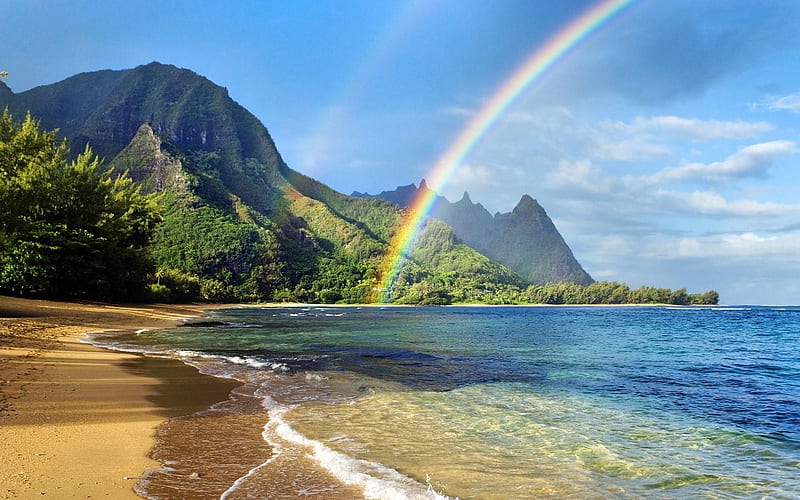 Rainbow Scenery, mountain, beach, shore, nature, rainbow, trees, sea, HD wallpaper