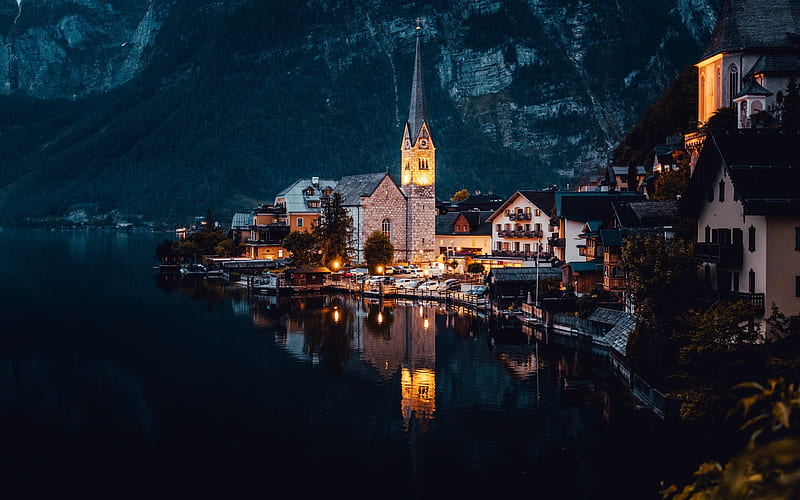 Hallstatt Lake, evening, church, beautiful lake, small city, Hallstatt, Dachstein, Austria, Upper Austria, HD wallpaper