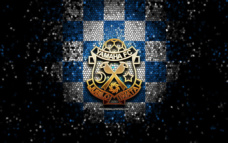 Jubilo Iwata FC, glitter logo, J1 League, blue white checkered background, soccer, japanese football club, Jubilo Iwata logo, mosaic art, football, Jubilo Iwata, HD wallpaper