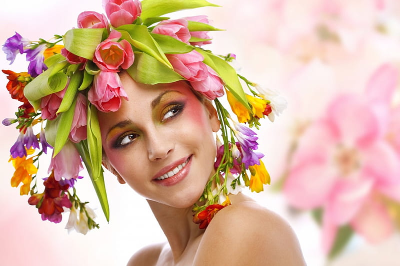 Beauty, wreath, model, spring, woman, sia, girl, flower, face, tulip, HD wallpaper