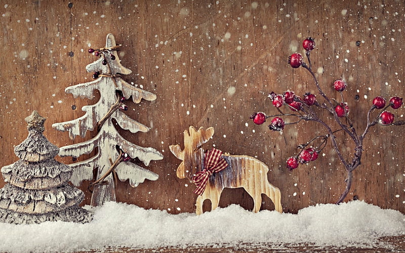 Happy Holidays!, red, deco, craciun, christmas, winter, card, tree, berry, snow, reindeer, white, wood, HD wallpaper