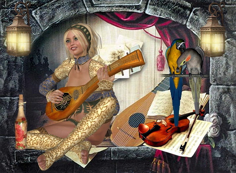 Music, violin, guitar, girl, wine, mandolin, light, HD wallpaper
