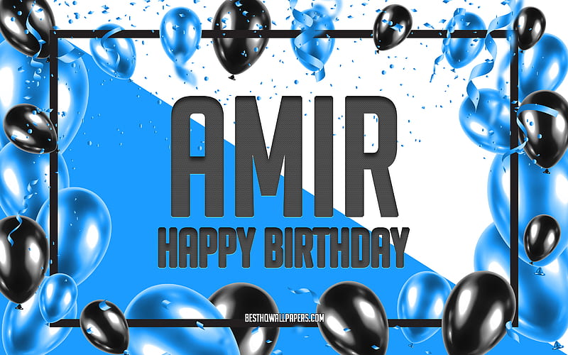 Happy Birtay Amir, Birtay Balloons Background, Amir, with names, Amir Happy Birtay, Blue Balloons Birtay Background, Amir Birtay, HD wallpaper