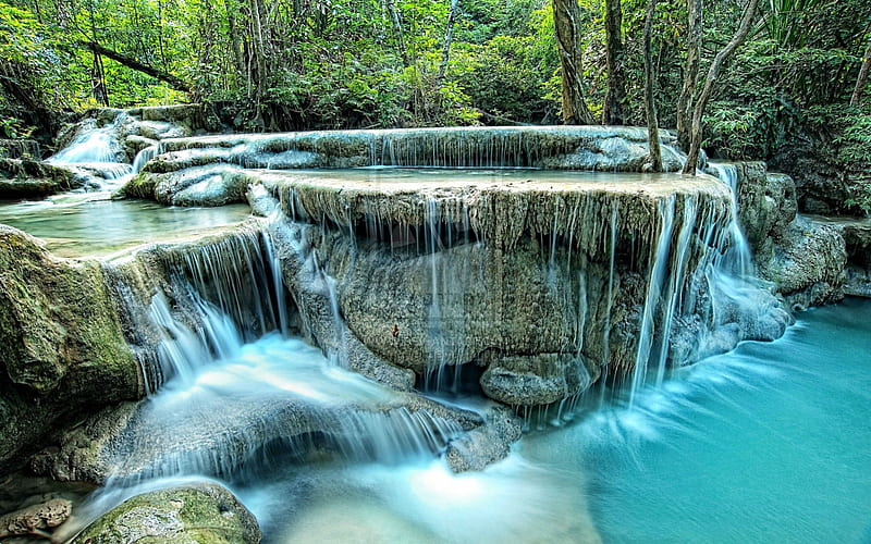 Erawan Waterfall, Thailand, Forest, Waterfall, Thailand, Nature, HD wallpaper