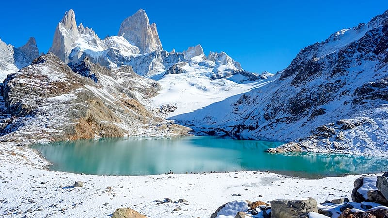 El Chalten, Patagonia, Argentina, peaks, snow, andes, landscape, rocks, water, ice, lake, HD wallpaper