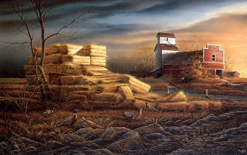 Harvest Days, tree, painting, straw, artwork, field, barn, HD wallpaper