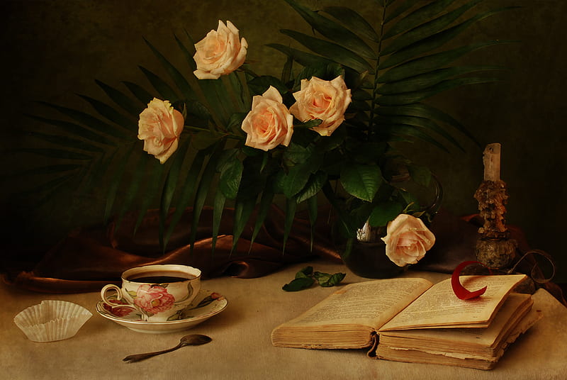 still life, pretty, rose, book, pot, bonito, candlestick, graphy, nice, flowers, drink, harmony, lovely, roses, elegantly, candles, cool, bouquet, coffee, cup, flower, HD wallpaper