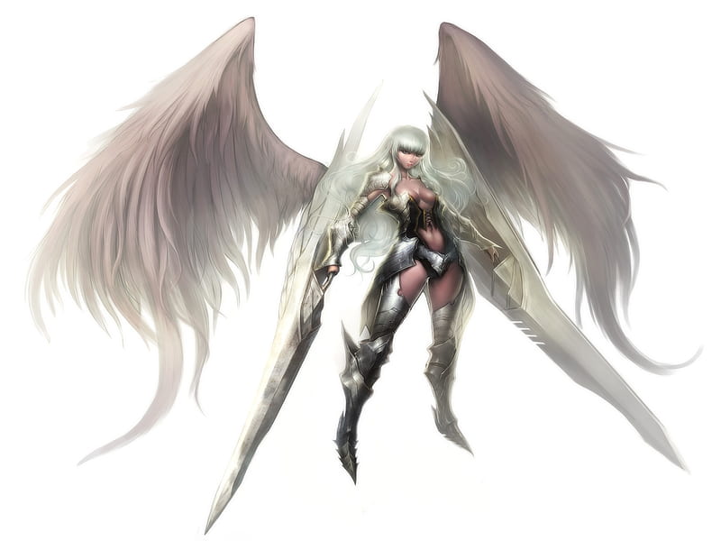 Wings Swords, female, wings, white hair, angel, sexy, armor boots, armor, big breasts, cool, warrior, big swords, beauty, anime girl, underboob, knight, HD wallpaper
