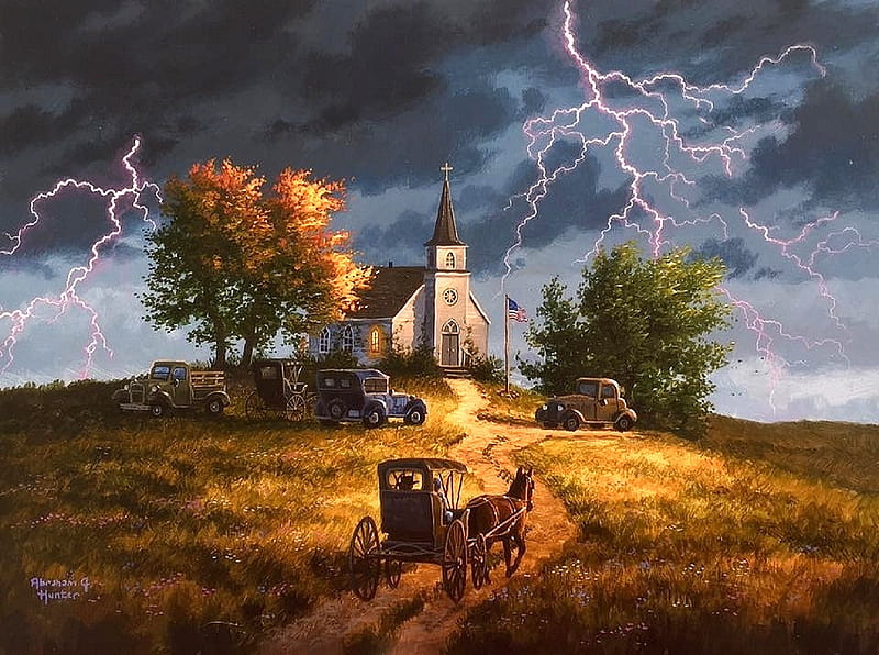 Take it to the Lord in Prayer, fall season, autumn, love four seasons, attractions in dreams, sky, clouds, paintings, lightning, churches, nature, fields, retro cars, chapel, carriages, HD wallpaper