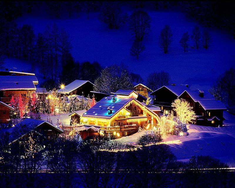 Christmas at Ski Resort Savoie France, mountain, hills, snow, houses, trees, lights, night, HD wallpaper