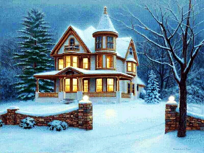 Country Cottage, snow, trees, artwork, lights, winter, HD wallpaper ...