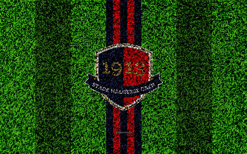 Stade Malherbe Caen football lawn, logo, French football club, grass texture, emblem, blue red lines, Ligue 1, Caen, France, football, Caen FC, HD wallpaper
