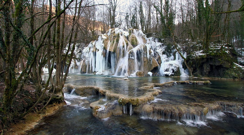 cascading waterfalls in winter, rocks, watefalls, cascade, trees, pool, winter, HD wallpaper