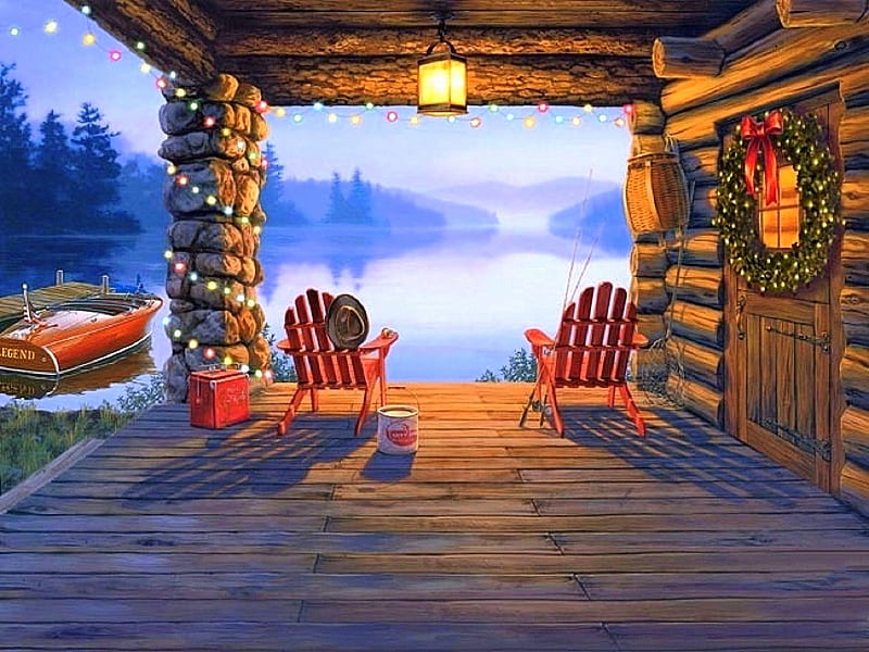 6 am. Opening Day, Christmas, wreath, lakes, holidays, love four seasons, attractions in dreams, xmas and new year, winter, boat, paintings, snow, chairs, cabins, HD wallpaper