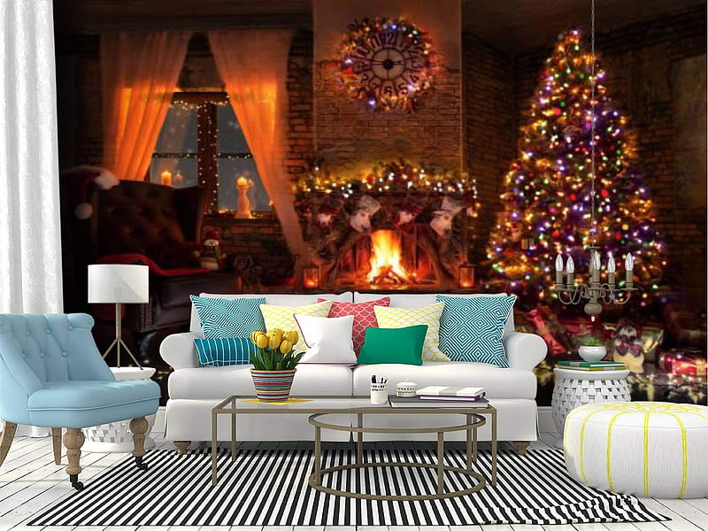 Wall Mural beautiful living room with fire place decorated for christmas Peel and Stick Self Adhesive Large Wall Sticker Removable Vinyl Film Roll Shelf Paper Home Decor : Tools, HD wallpaper