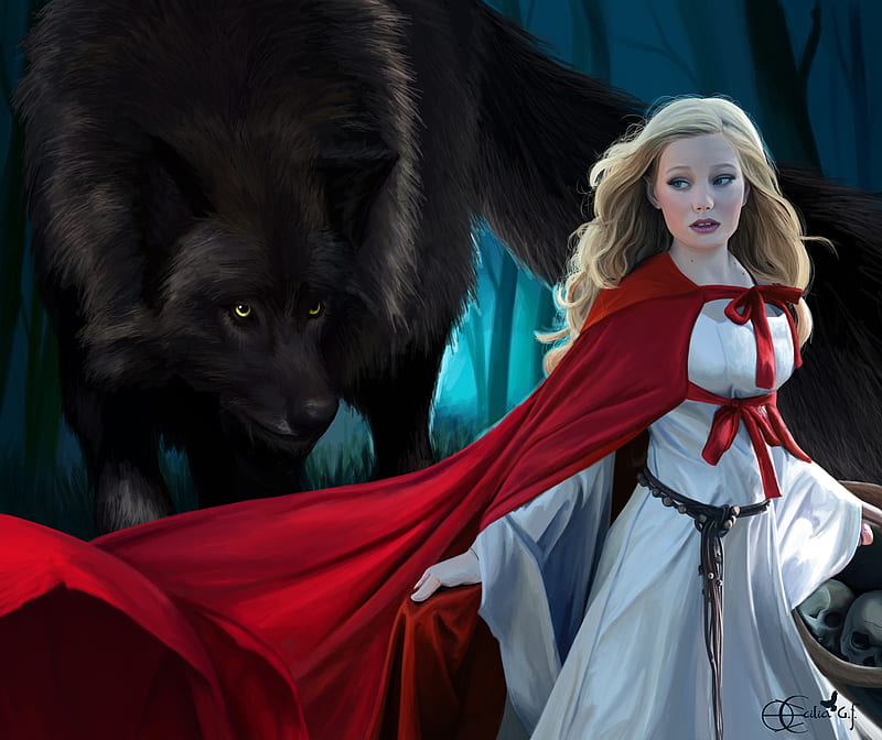 Big bad wolf, cecilia gf, black, lup, red, luminos, blonde, red riding hood, fantasy, ceciliagf, girl, white, HD wallpaper