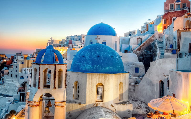 blue domed church on a greek isle, church, hill, domes, town, HD wallpaper