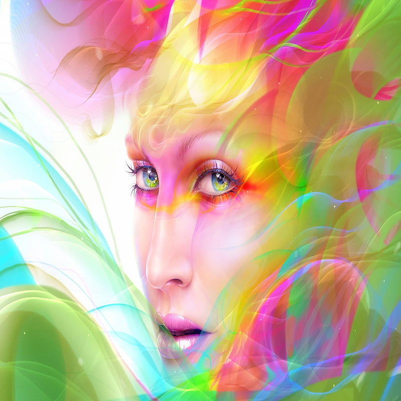Girl Face, art, beauty, desenho, eyes, lovely, multicolors, smoke, HD phone wallpaper