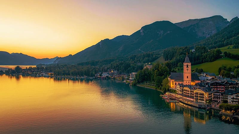 Lake Wolfgang, Austrian Alps, reflections, trees, landscape, golden hour, water, mountains, village, HD wallpaper