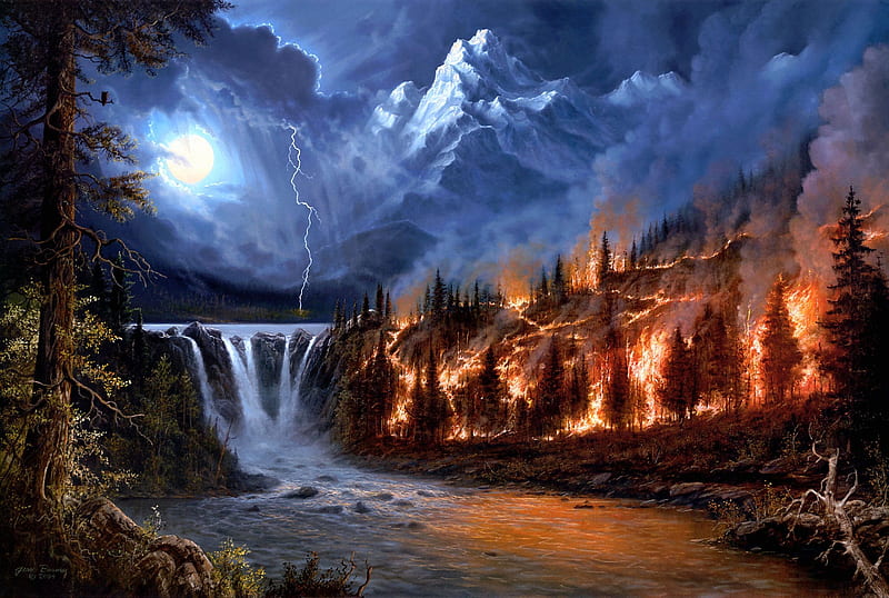A fire in the woods, woods, jesse barnes, night, art, forest, cloud, moon, storm, fire, moon, lightning, waterfall, HD wallpaper