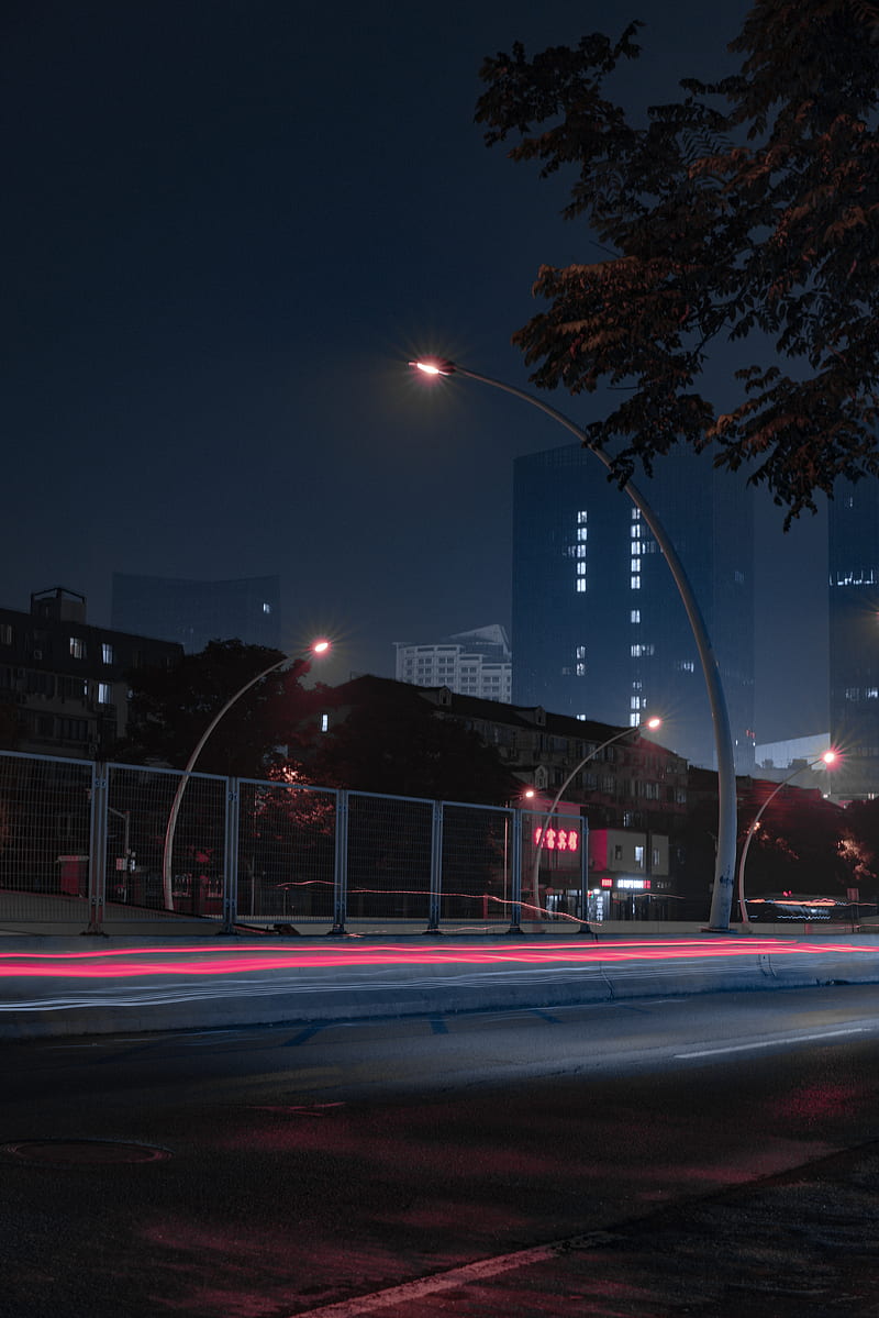 city, road, lanterns, buildings, night, HD phone wallpaper