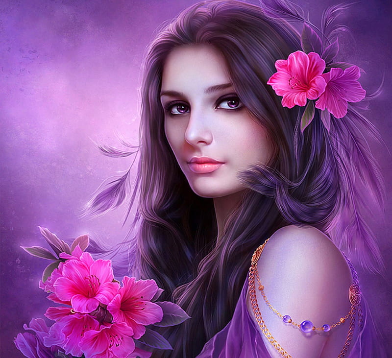 ~Pink Wildflowers~, pretty, bonito, digital art, woman, hair, fantasy, manipulation, wildflowers, face, girls, pink, female, models, lovely, colors, love four seasons, creative pre-made, weird things people wear, backgrounds, eyes, HD wallpaper