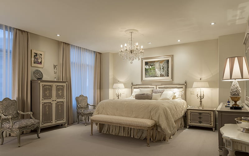 Bedroom, bed, furniture, lamps, interior, home, room, HD wallpaper