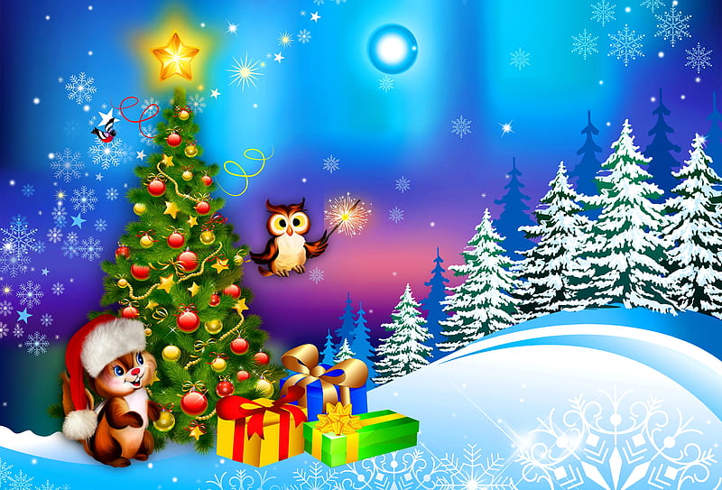 Children's Christmas, pretty, christmas, decoration, children, winter, sweet, cute, tree, snow, aurora borealis, presents, funny, kids, HD wallpaper