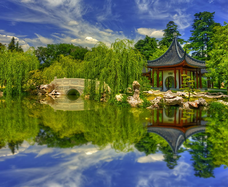 graphy, Park, Botanical Garden, Bridge, Greenery, Pagoda, Pond, Stone, HD wallpaper