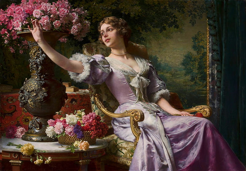 Lady in a lilac dress with flowers, lilac, art, dress, wladyslaw czachorski, luminos, woman, girl, painting, hand, flower, chair, room, lady, pictura, HD wallpaper