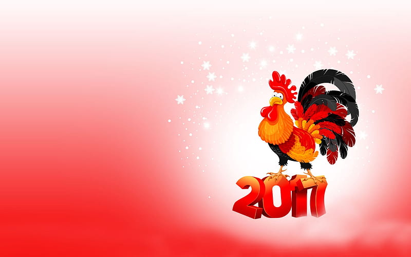New Year, 2017, rooster, red Christmas backgrounds, HD wallpaper