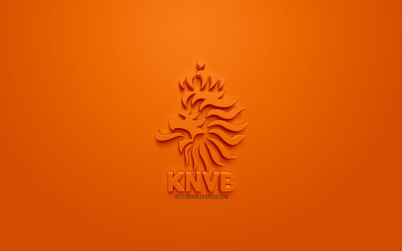 Netherlands national football team, creative 3D logo, orange background, 3d emblem, Netherlands, Europe, UEFA, 3d art, football, stylish 3d logo, Royal Dutch Football Association, HD wallpaper