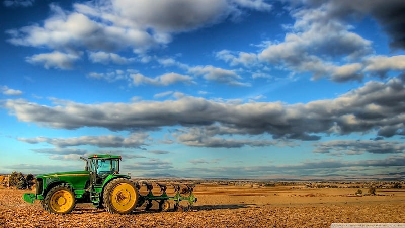 john deere tractor in big sky country, tractor, fields, sky, clouds, HD wallpaper