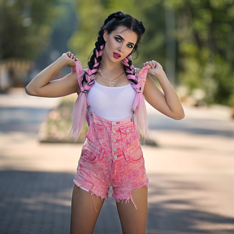 Kristina Romanova, Dmitry Sn, women, model, black hair, dyed hair, braids, braided hair, looking at viewer, open mouth, pink lipstick, necklace, white tops, overalls, pink clothing, denim, depth of field, trees, painted nails, Dmitry Shulgin, high waisted, HD phone wallpaper