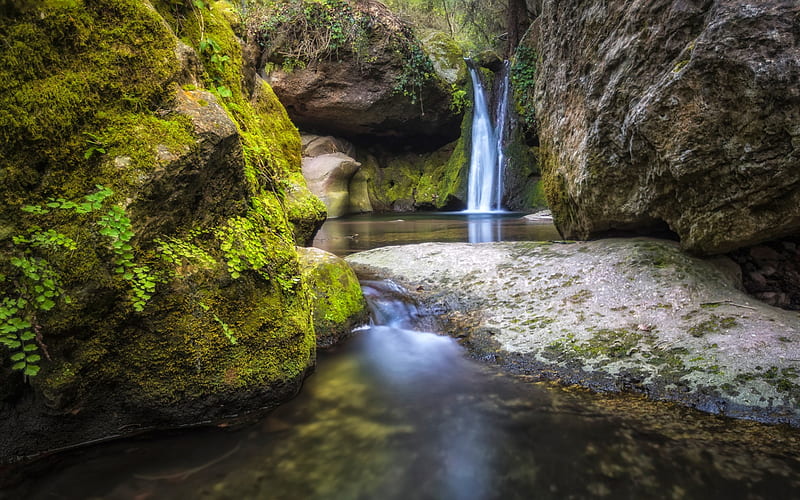 El Pinos, beautiful waterfall, lake, waterfall among rocks, mountain river, Catalonia, Spain, HD wallpaper
