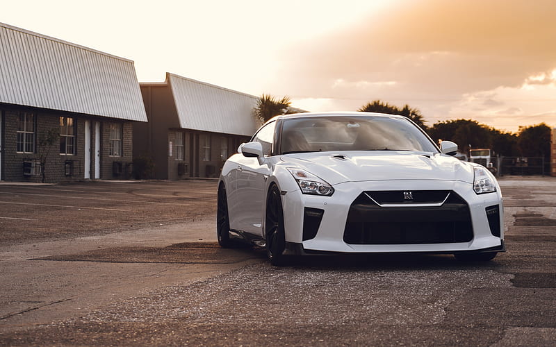 Nissan GT-R, R35, Evening, front view, white sports coupe, tuning GT-R, black wheels, Japanese sports cars, Nissan, White GTR, HD wallpaper