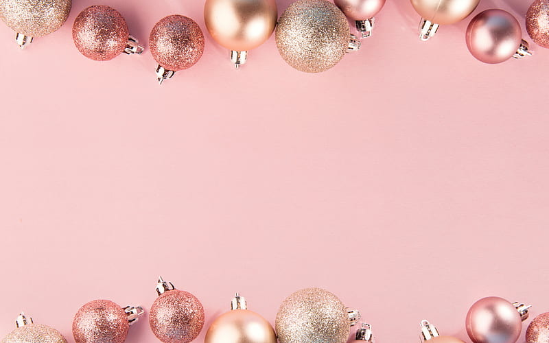 Pink Christmas background, frame of Christmas balls, Christmas pink frame, New Year, Christmas, HD wallpaper