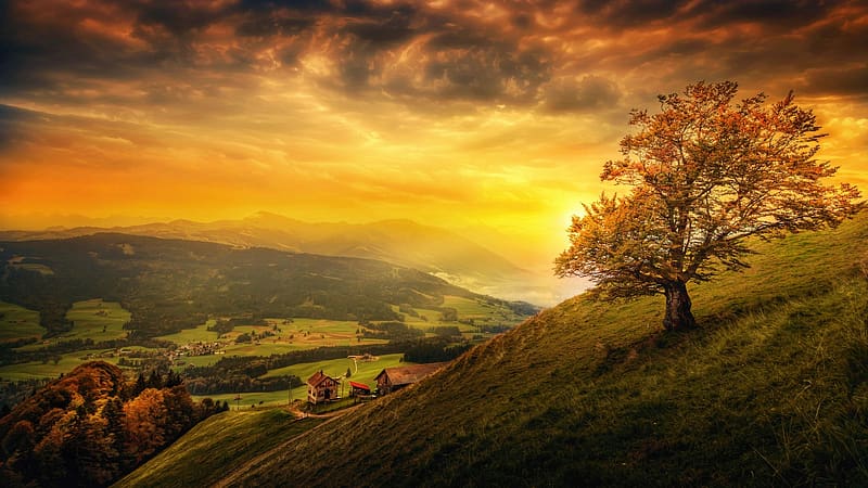 Sunset in Switzerland, Canton of St. Gallen, mountains, hills, autumn, clouds, landscape, trees, sky, HD wallpaper