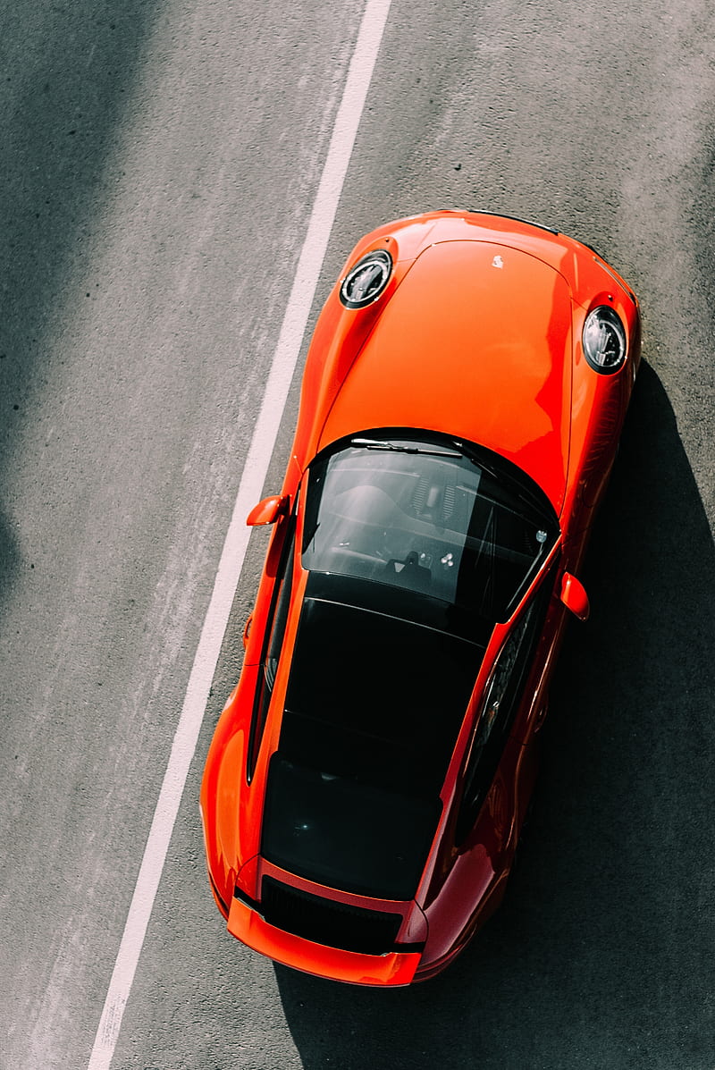 Porsche, orange, car, top view, graphy, Porsche 991, Porsche 911, asphalt, HD phone wallpaper
