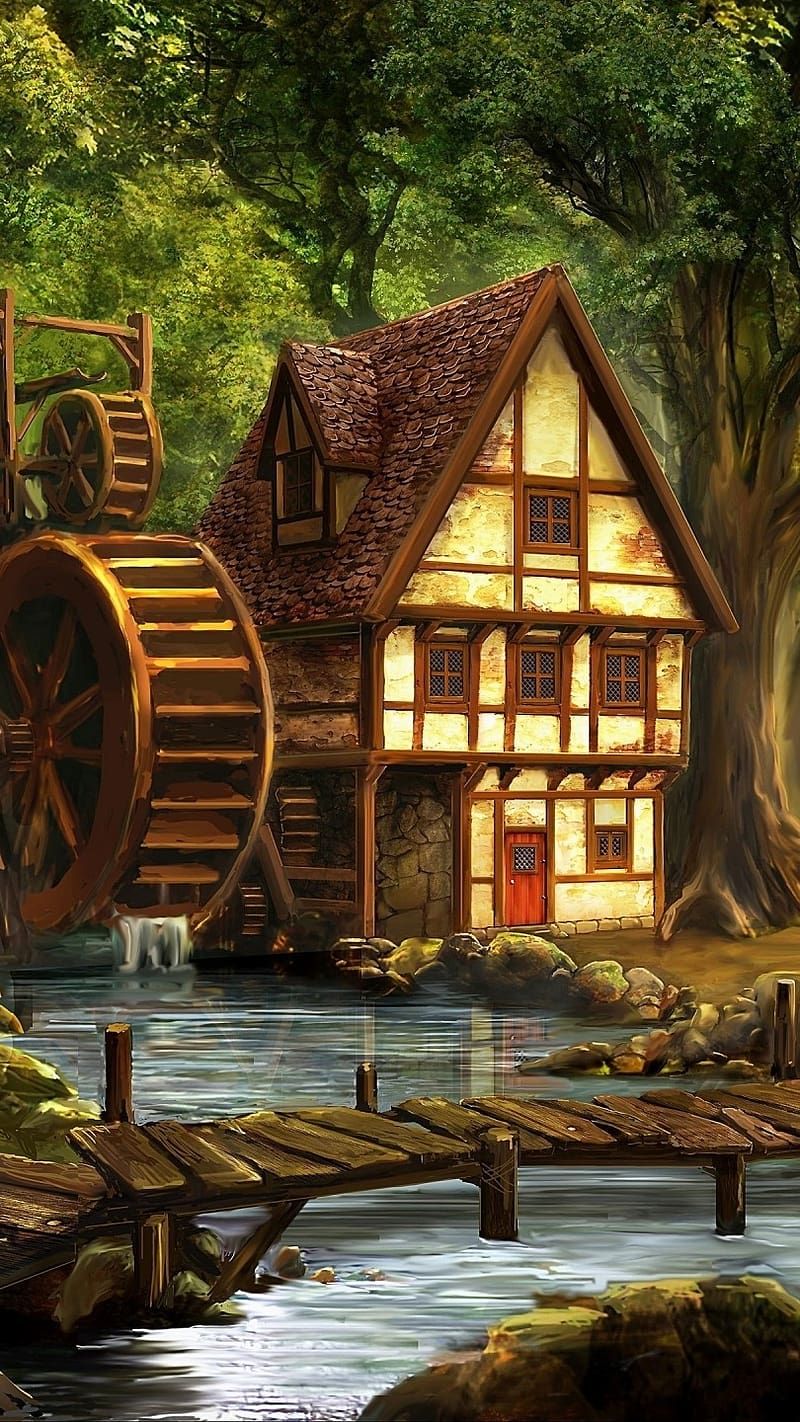 3d Scenery, Forest Village Art, medieval village, HD phone wallpaper