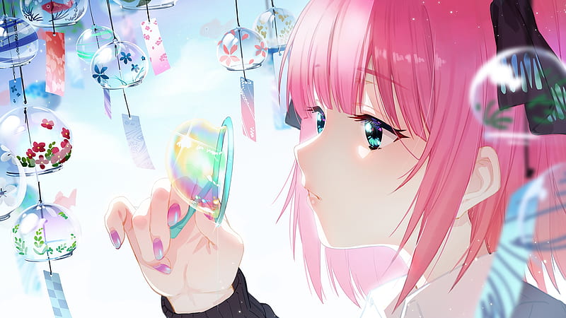 nakano nino, pink hair, headphones, go-toubun no hanayome, bubbles, Anime, HD wallpaper
