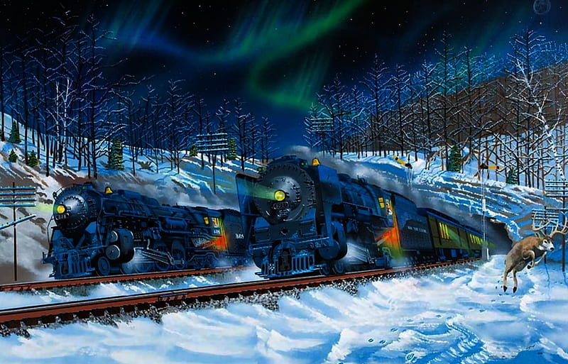 Fire and Ice, railroad, art, locomotive, bonito, illustration, artwork, winter, train, snow, engine, painting, wide screen, tracks, HD wallpaper