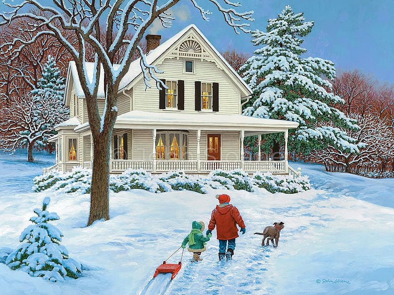 Home From the Hill, winter, dog, sleigh, snow, man, trees, cottage ...