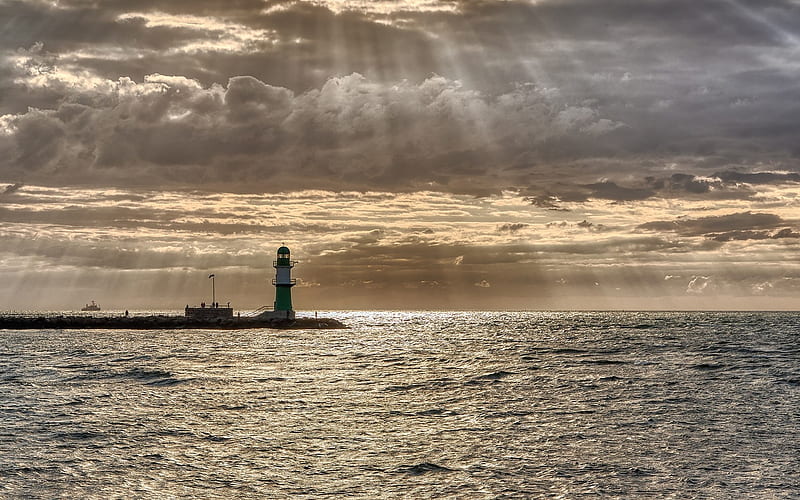 Light from Above, clouds, Germany, lighthouse, sea, sunbeams, HD wallpaper